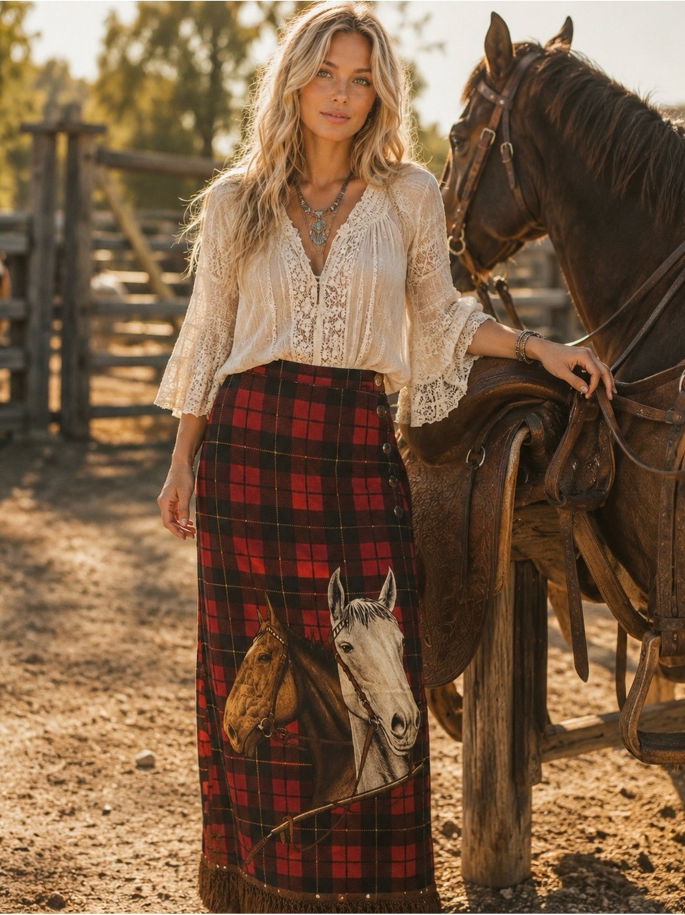 Vintage Custom Made Plaid Maxi Skirt with Horse Print - Red
